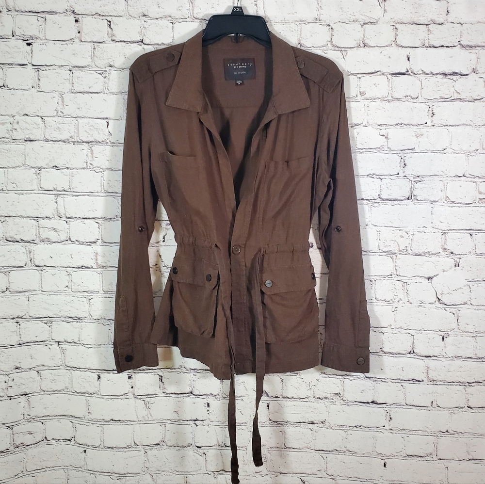 Sanctuary Clothing Coffee Brown Linen Viscose Utility Jacket Sz M Indie Safari
